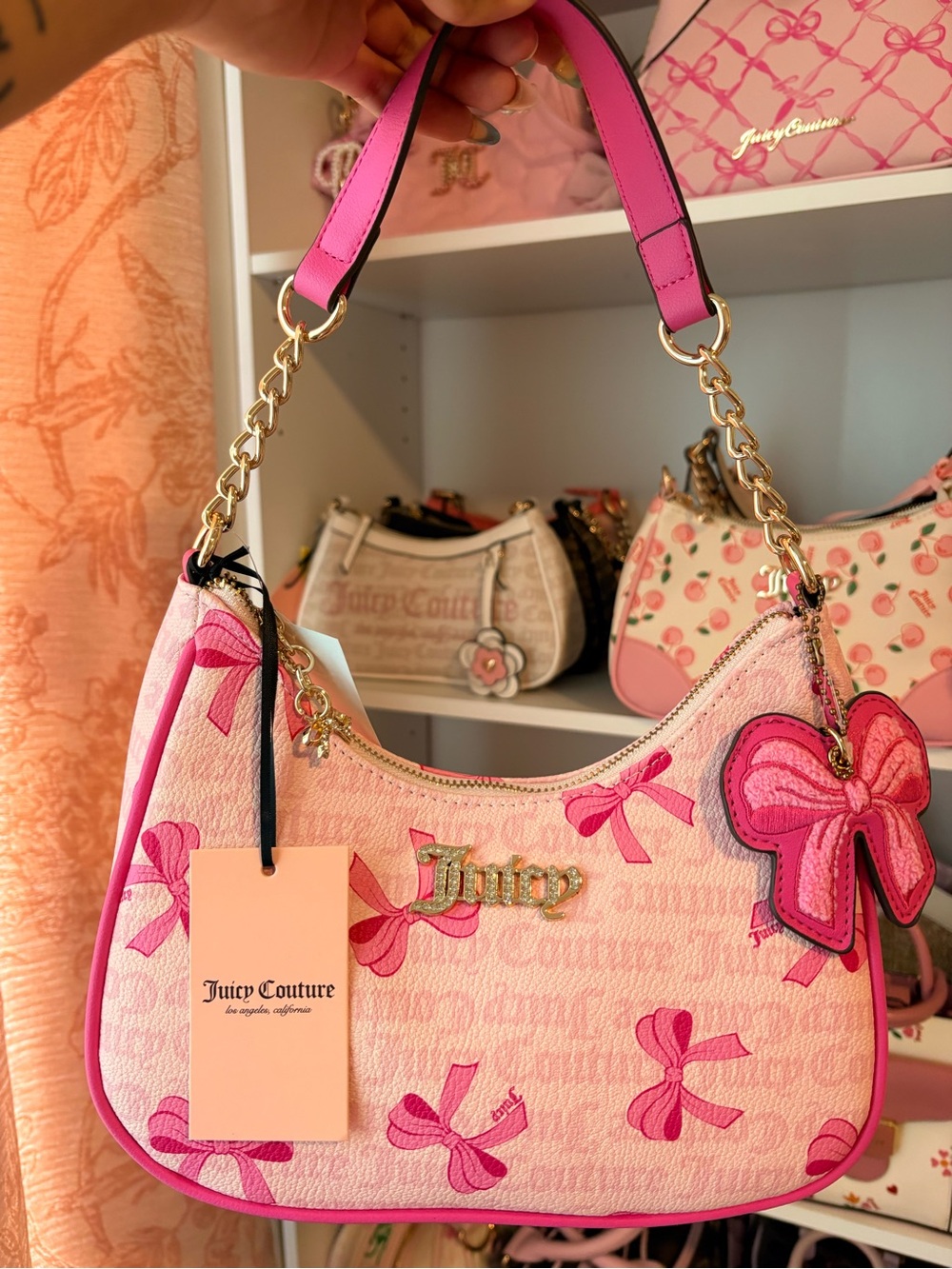 Juicy Couture Pink Bow-Print Shoulder Bag with Gold Accents